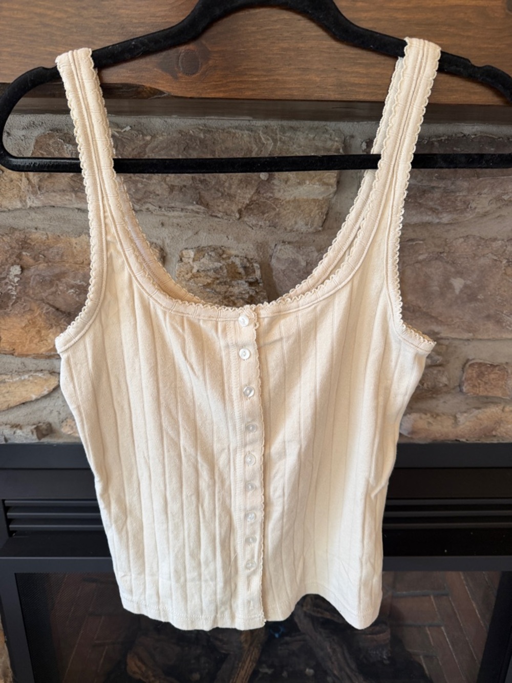 NWT Free People Cream Ribbed Button-Front Tank Top | Size XL